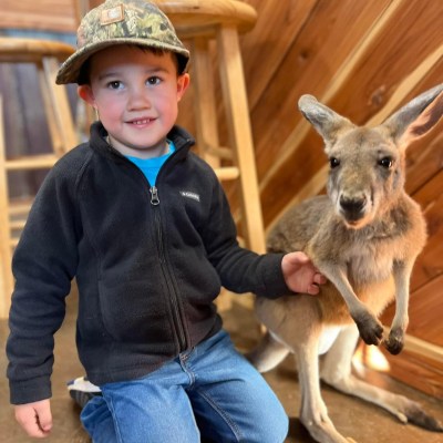 a little boy holding a dog