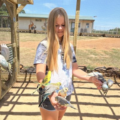 a little girl standing in front of a fence