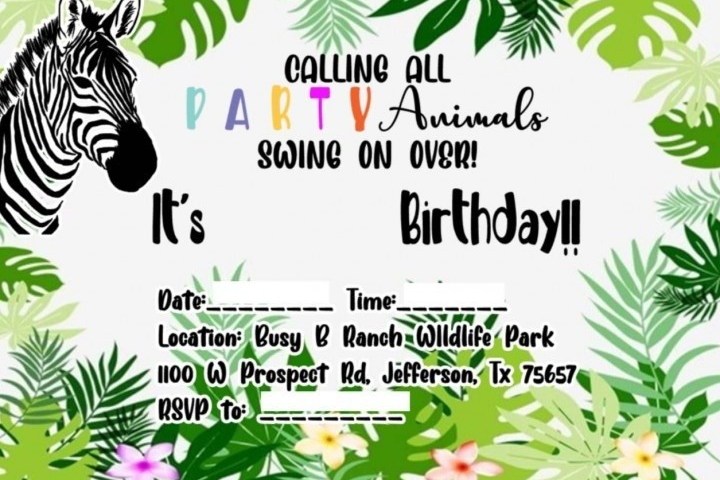 Zebra, colorful text, and tropical leaves on a birthday invitation.